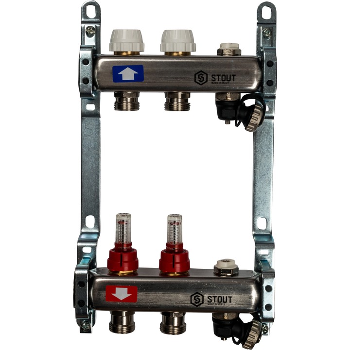 Коллектор из нержавеющей стали с расходомерами, с клапаном вып. воздуха и слив 1"/3/4"x2 STOUT