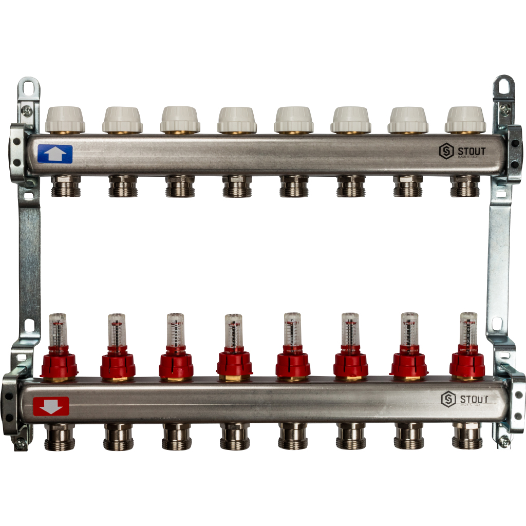 Коллектор из нержавеющей стали с расходомерами 1"/3/4"x8 STOUT