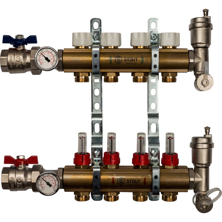 Коллектор латунь для теплого пола с расходомерами, укомплектован, 1"/3/4"x4 STOUT