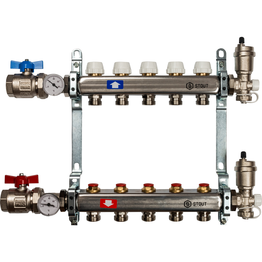 Коллектор нерж. с запорными клапанами, укомплектован, 1"/3/4"x5 STOUT