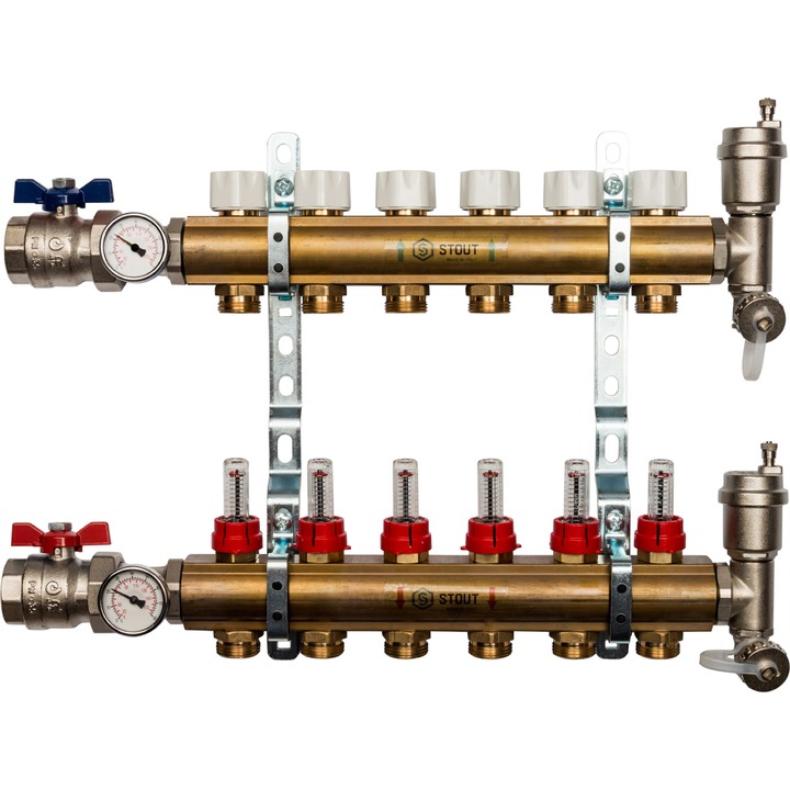 Коллектор латунь для теплого пола с расходомерами, укомплектован, 1"/3/4"x6 STOUT