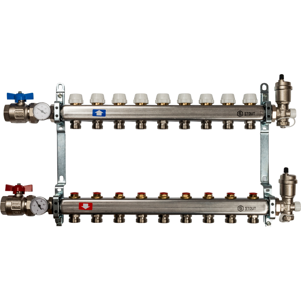 Коллектор нерж. с запорными клапанами, укомплектован, 1"/3/4"x9 STOUT