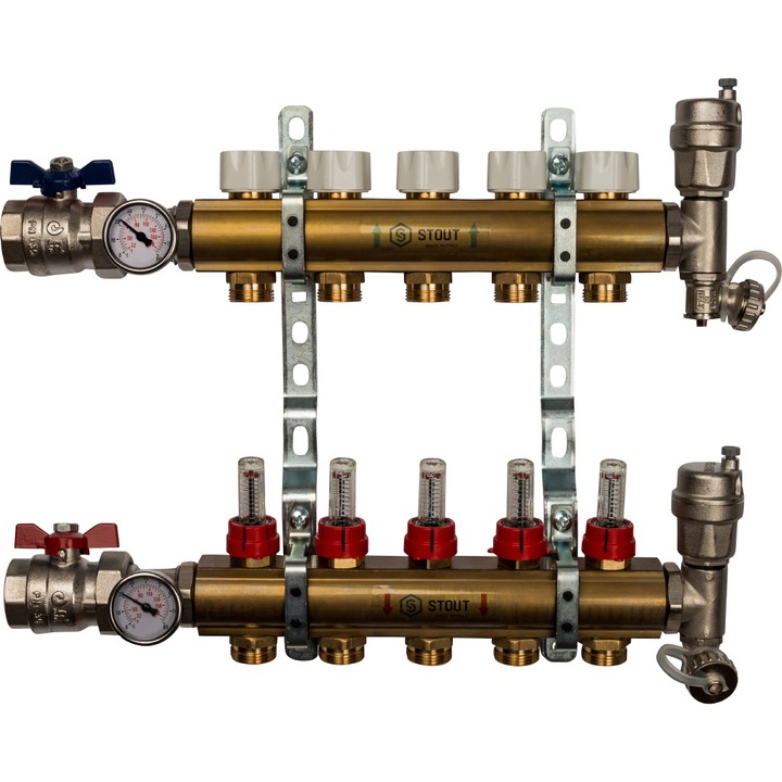 Коллектор латунь для теплого пола с расходомерами, укомплектован, 1"/3/4"x5 STOUT