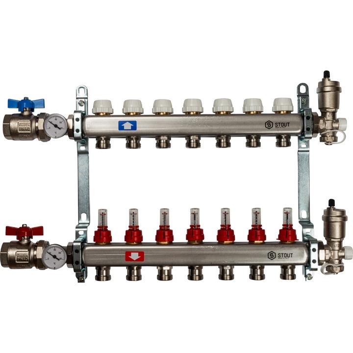 Коллектор нерж. с расходомерами, укомплектован, 1"/3/4"x7 STOUT