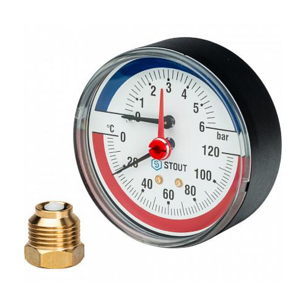 Термоманометр аксиальный с автоматическим запорным клапаном, Корпус Ø 80 мм, 0-6 бар, 1/2" STOUT