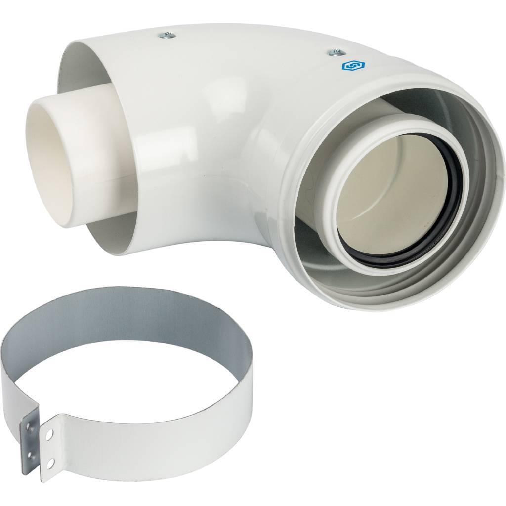 Элемент дымохода конденсац. адаптер 90° DN60/100 м/п PP-FE с хомут. (совмест. Vaillant, Ariston)