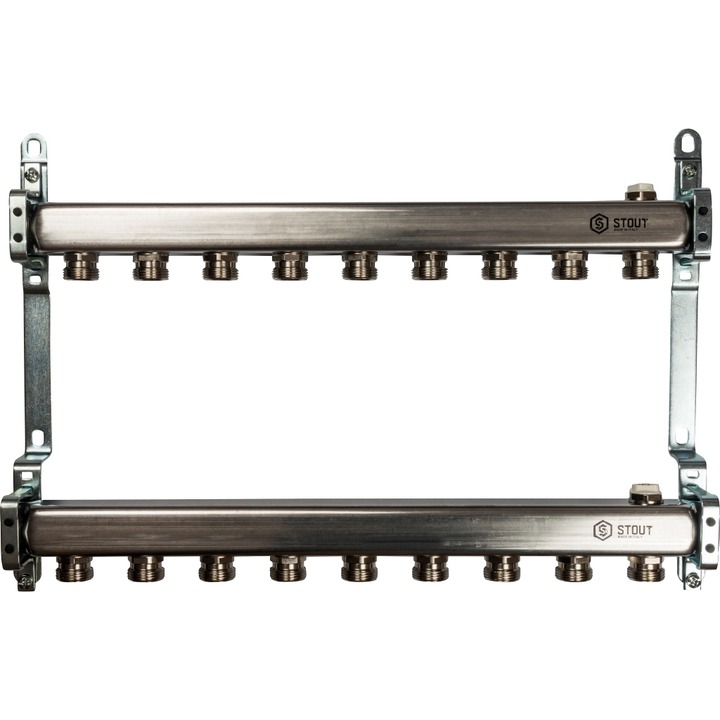 Коллектор нерж. для радиаторной разводки, 1"/3/4"x9 STOUT