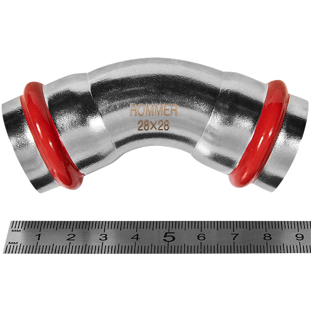 Угольник 45° ВПр-ВПр 28 из нержавеющей стали прессовой ROMMER