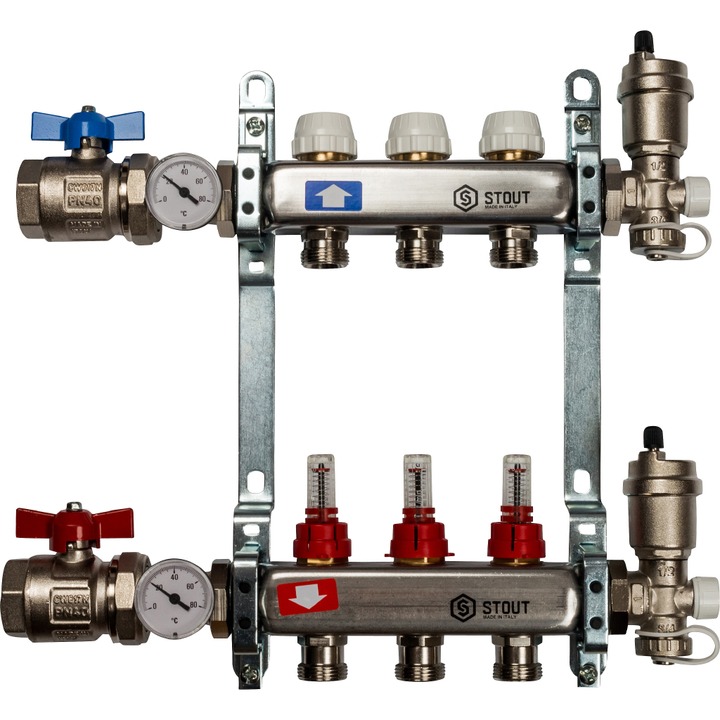 Коллектор нерж. с расходомерами, укомплектован, 1"/3/4"x3 STOUT