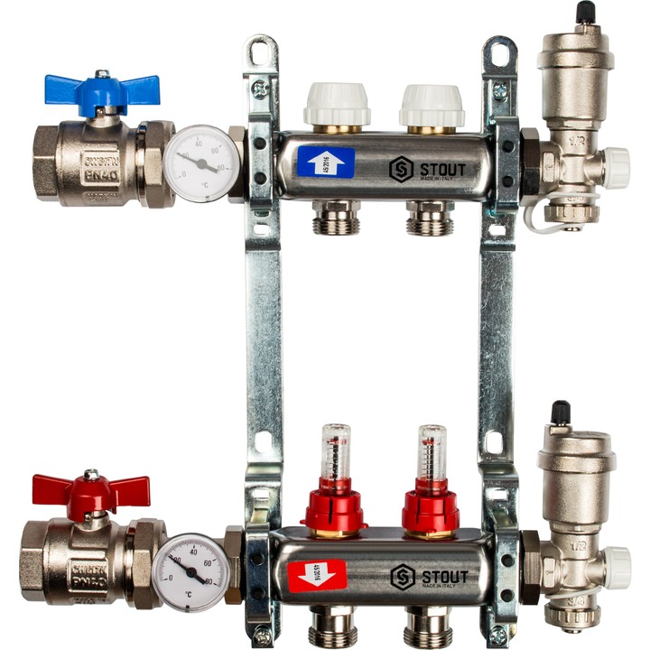 Коллектор нерж. с расходомерами, укомплектован, 1"/3/4"x2 STOUT