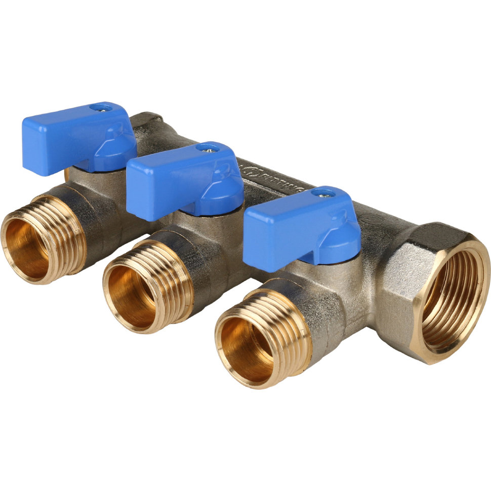 Коллектор с шаровыми кранами 3/4", 3 отвода 1/2" (синие ручки), STOUT