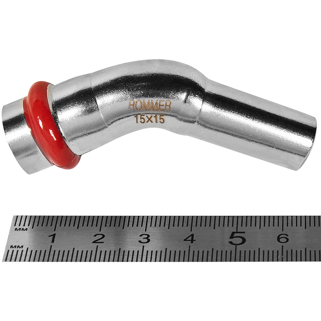 Угольник однораструбный 45° ВПр-НПр 15 из нержавеющей стали прессовой ROMMER