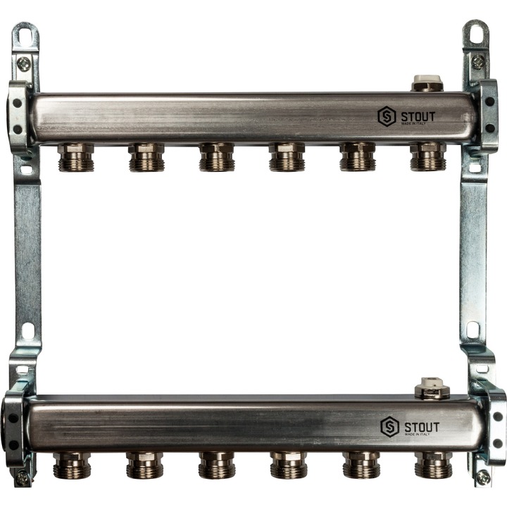 Коллектор нерж. для радиаторной разводки, 1"/3/4"x6 STOUT