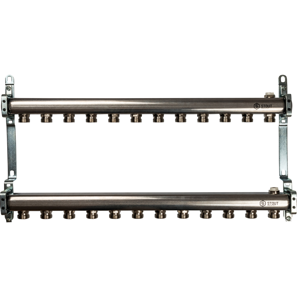 Коллектор нерж. для радиаторной разводки, 1"/3/4"x12 STOUT