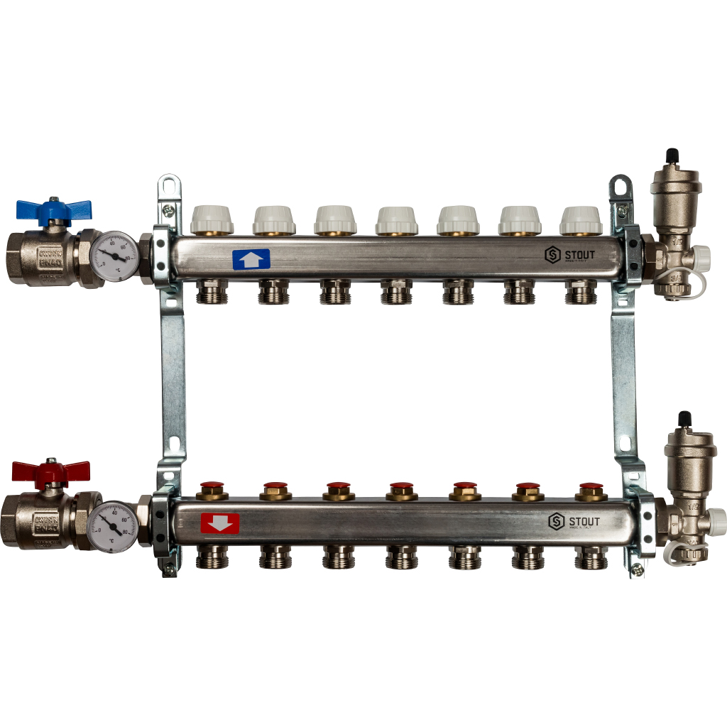 Коллектор нерж. с запорными клапанами, укомплектован, 1"/3/4"x7 STOUT