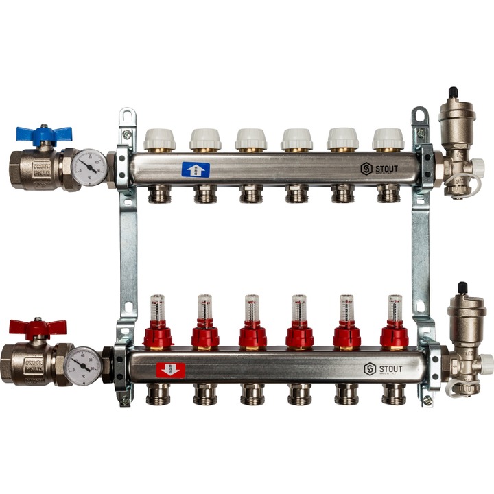 Коллектор нерж. с расходомерами, укомплектован, 1"/3/4"x6 STOUT