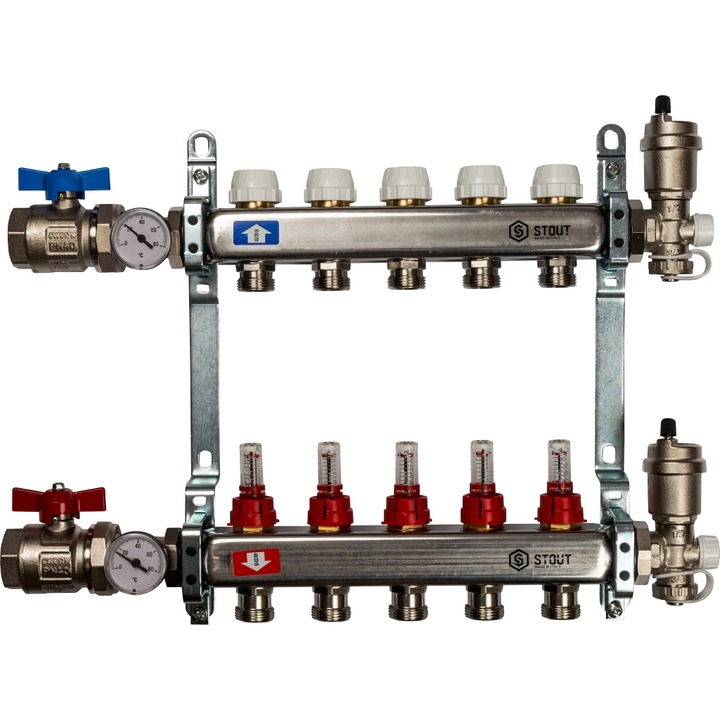 Коллектор нерж. с расходомерами, укомплектован, 1"/3/4"x5 STOUT