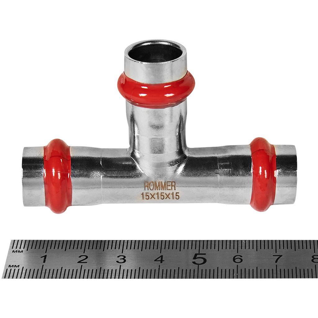 Тройник равнопроходной ВПр, 15, из нержавеющей стали прессовой ROMMER