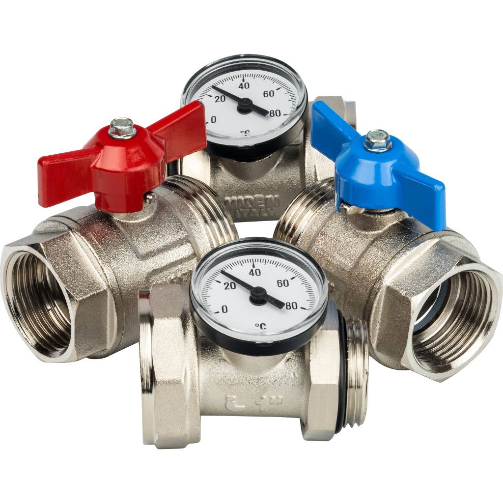 Комплект прямых шаровых кранов с термометрами 1" STOUT
