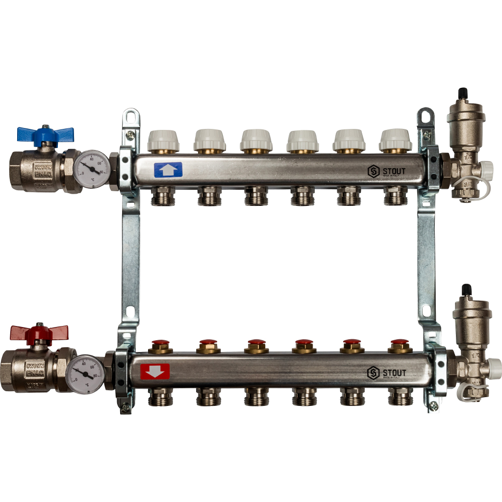 Коллектор нерж. с запорными клапанами, укомплектован, 1"/3/4"x6 STOUT