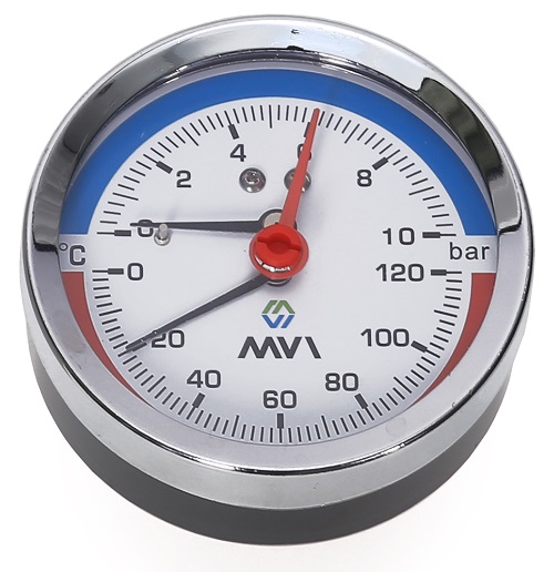 Термоманометр аксиальный MVI, диапазон показаний до 10 бар,  от 0°C до 120°C, диаметр корпуса 80 мм,