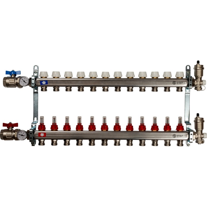 Коллектор нерж. с расходомерами, укомплектован, 1"/3/4"x12 STOUT