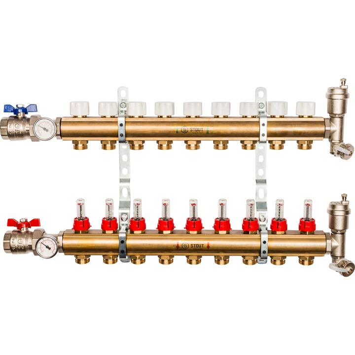 Коллектор латунь для теплого пола с расходомерами, укомплектован, 1"/3/4"x9 STOUT
