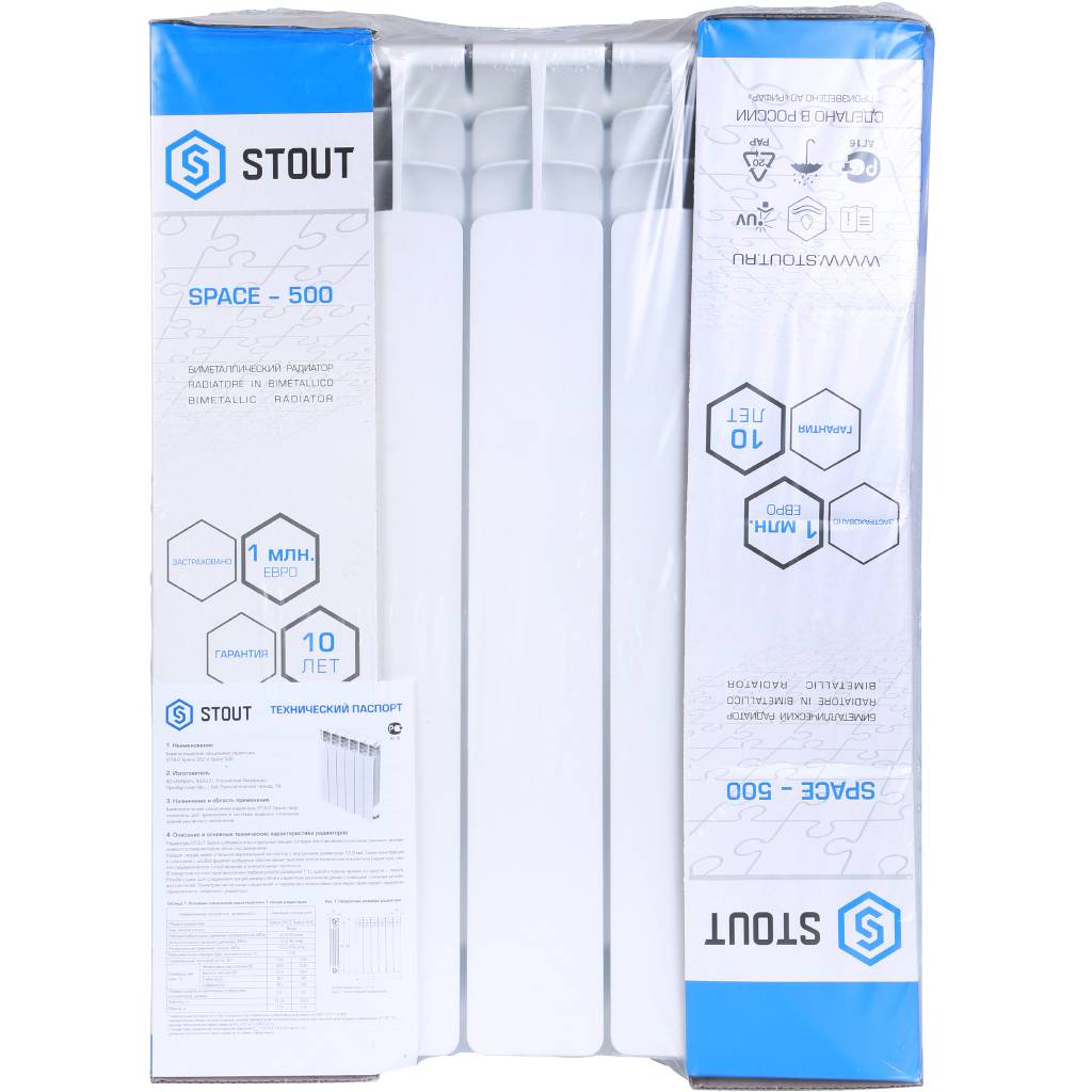 Радиатор биметаллический с нижним прав. подключением STOUT Space 500 4 секции 
