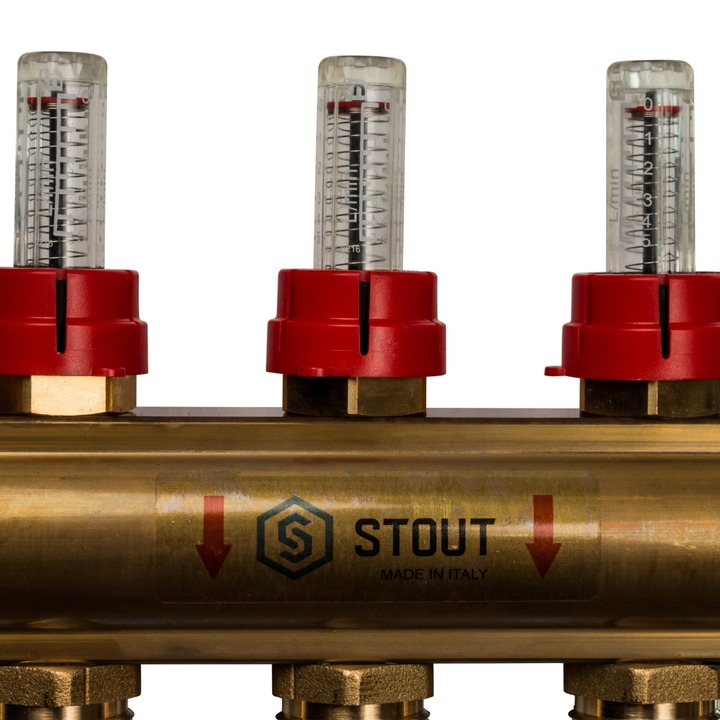 Коллектор латунь для теплого пола с расходомерами, укомплектован, 1"/3/4"x9 STOUT