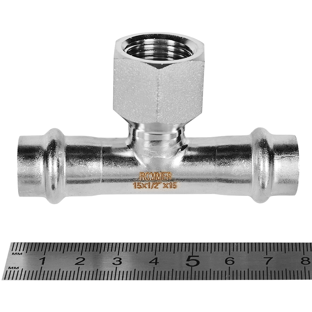 Тройник-переходник ВПр-ВР 15х1/2 из нержавеющей стали прессовой ROMMER