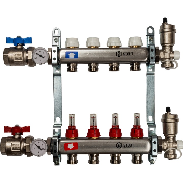 Коллектор нерж. с расходомерами, укомплектован, 1"/3/4"x4 STOUT