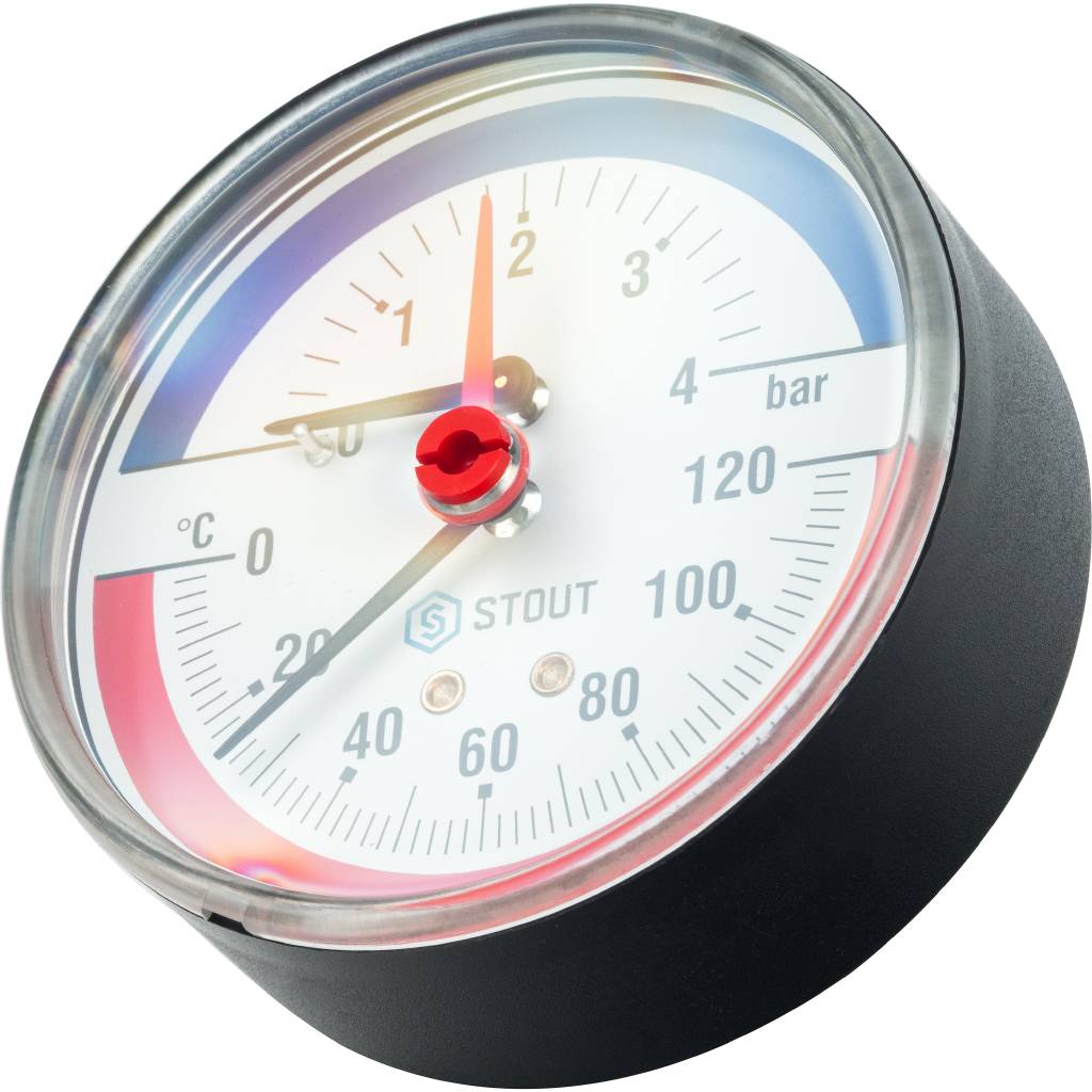 Термоманометр аксиальный с автоматическим запорным клапаном, Корпус Ø 80 мм, 0-4 бар, 1/2" STOUT