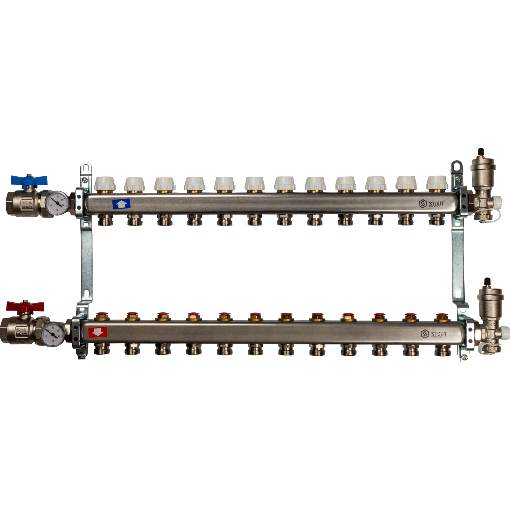 Коллектор нерж. с запорными клапанами, укомплектован, 1"/3/4"x12 STOUT
