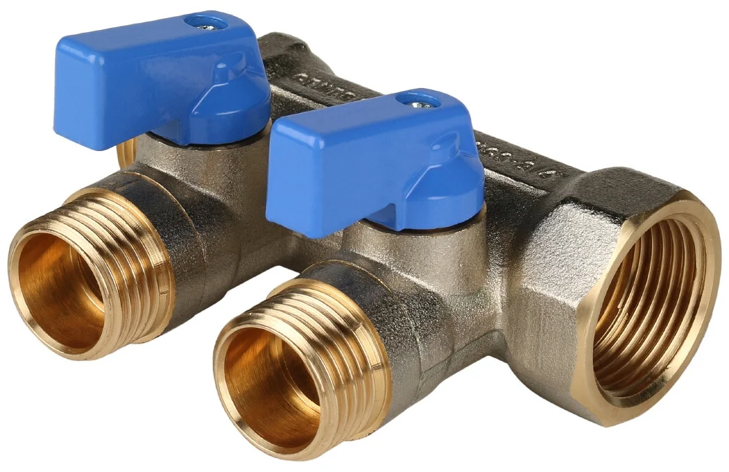 Коллектор с шаровыми кранами 3/4", 2 отвода 1/2" (синие ручки), STOUT