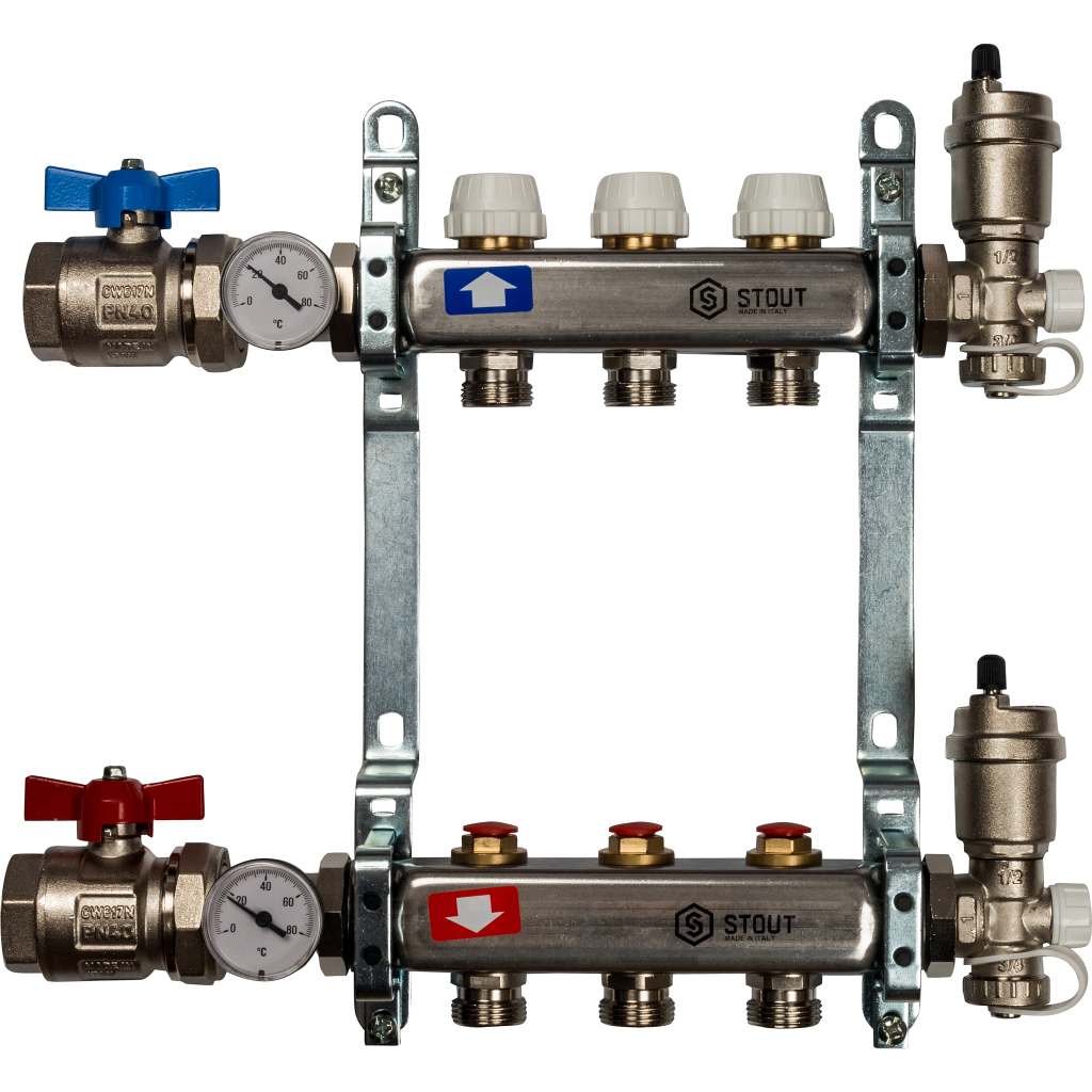 Коллектор нерж. с запорными клапанами, укомплектован, 1"/3/4"x3 STOUT