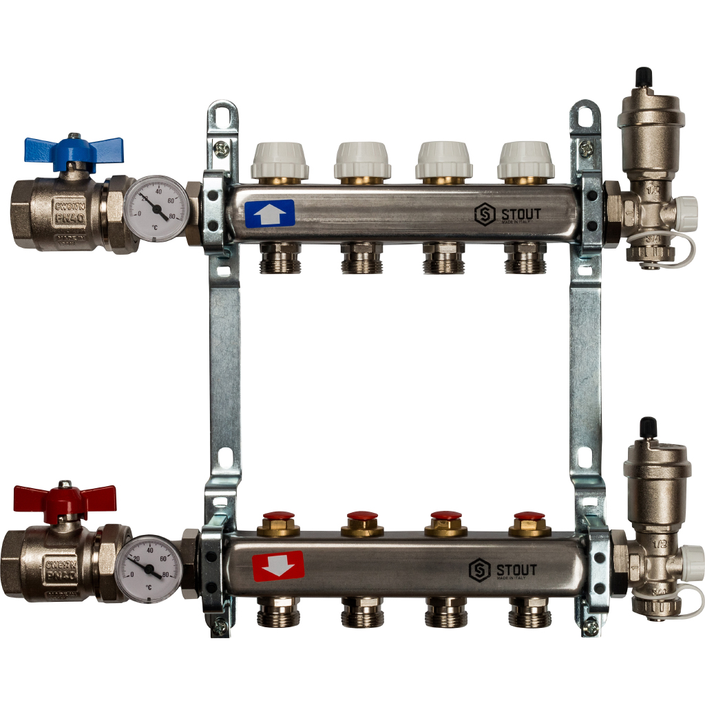 Коллектор нерж. с запорными клапанами, укомплектован, 1"/3/4"x4 STOUT